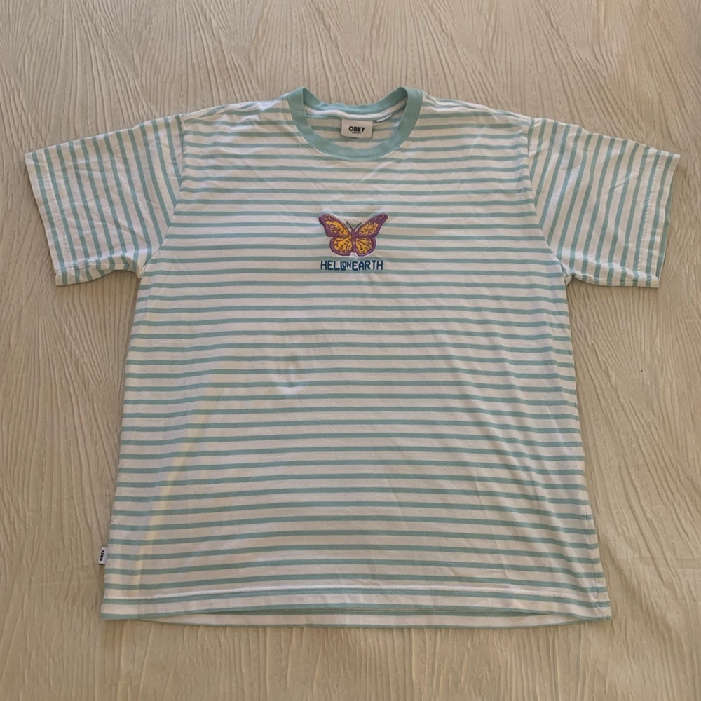 Obey “Hell on Earth” embroidered striped graphic tee, 100% organic cotton